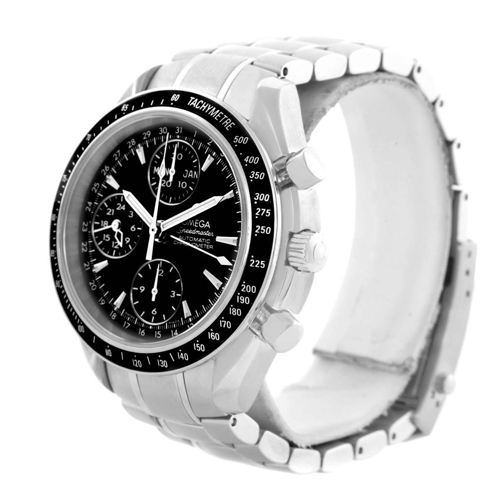 The Omega Speedmaster 3220.50.00 Men
s Stainless Steel Black Dial 3220.50.00 Men
s Stainless Steel Black Dial watch is shown at a three-quarter angle, highlighting its dial, bezel, crown, pushers, and metal bracelet.