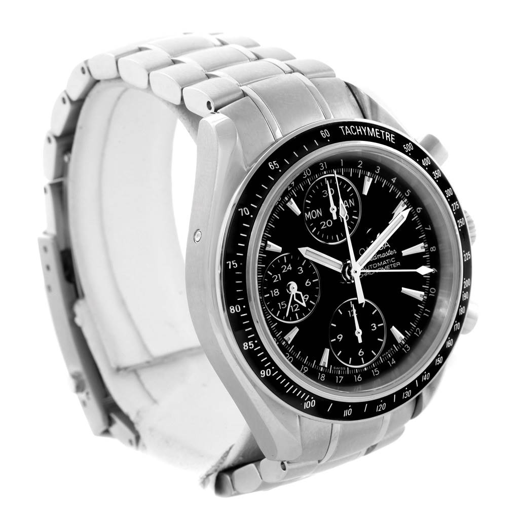 The Omega Speedmaster 3220.50.00 Men
s Stainless Steel Black Dial 3220.50.00 Men
s Stainless Steel Black Dial watch is shown at a 3/4 angle, highlighting the case, bezel, and metal bracelet.