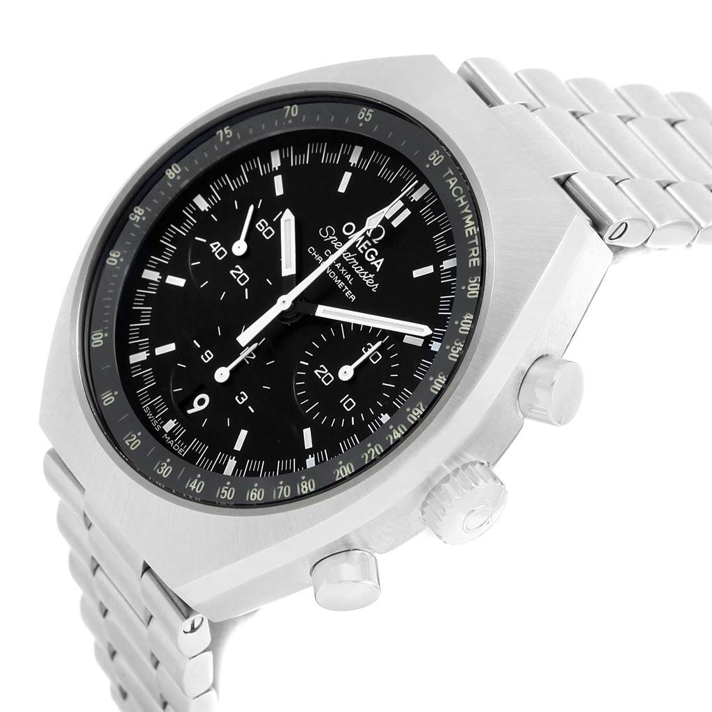 The image shows the Omega Speedmaster 327.10.43.50.01.001 Men
s Stainless Steel Black Dial 327.10.43.50.01.001 Men
s Stainless Steel Black Dial watch at a slight angle, highlighting the face, bezel, crown, and part of the metal bracelet.