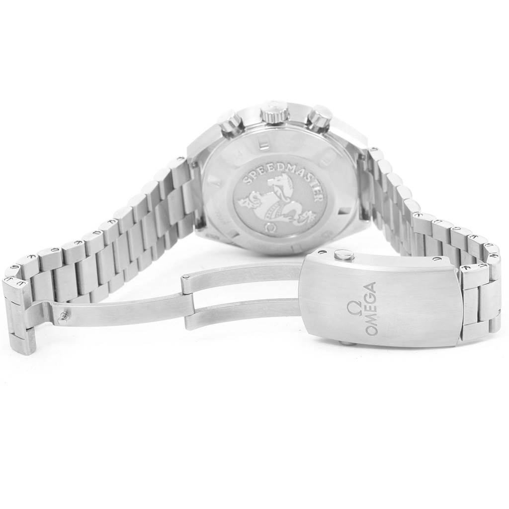 The image shows the back of an Omega Speedmaster 327.10.43.50.01.001 Men
s Stainless Steel Black Dial 327.10.43.50.01.001 Men
s Stainless Steel Black Dial watch and its open stainless steel bracelet and clasp.