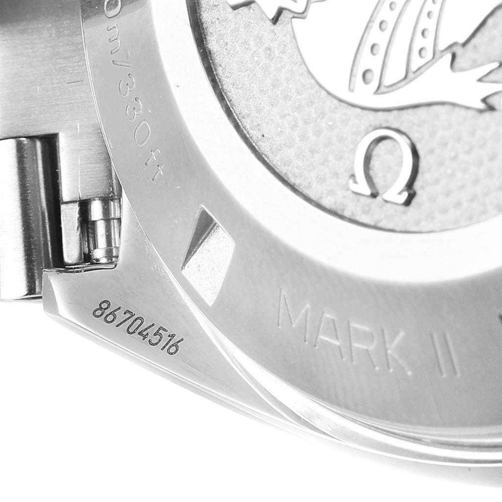 The image shows the back of an Omega Speedmaster 327.10.43.50.01.001 Men
s Stainless Steel Black Dial 327.10.43.50.01.001 Men
s Stainless Steel Black Dial Mark II watch, highlighting the model name, serial number, and Omega symbol.