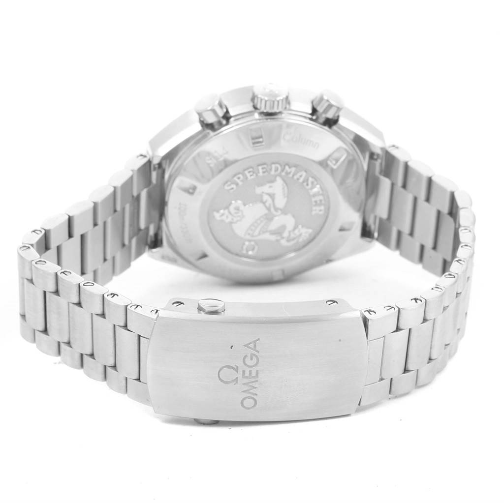 The image shows the back and clasp of an Omega Speedmaster 327.10.43.50.01.001 Men
s Stainless Steel Black Dial 327.10.43.50.01.001 Men
s Stainless Steel Black Dial watch at a rear angle.