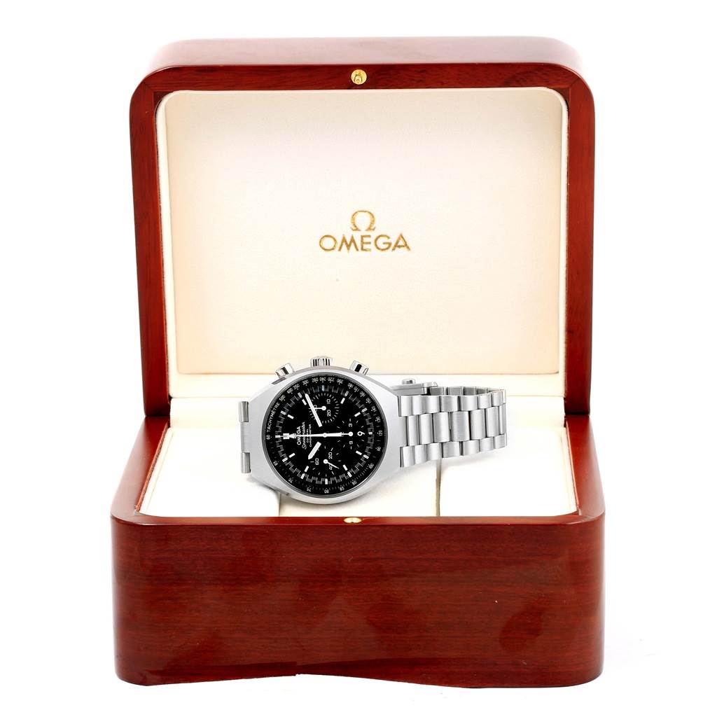 The Omega Speedmaster 327.10.43.50.01.001 Men
s Stainless Steel Black Dial 327.10.43.50.01.001 Men
s Stainless Steel Black Dial watch is shown head-on in an open wooden box, displaying its dial and metal bracelet.