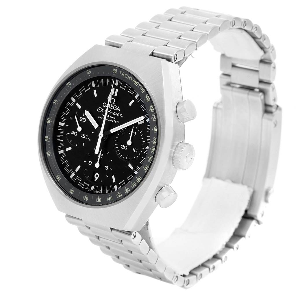 The image shows a side angle of an Omega Speedmaster 327.10.43.50.01.001 Men
s Stainless Steel Black Dial 327.10.43.50.01.001 Men
s Stainless Steel Black Dial watch, highlighting the face, crown, pushers, and bracelet.