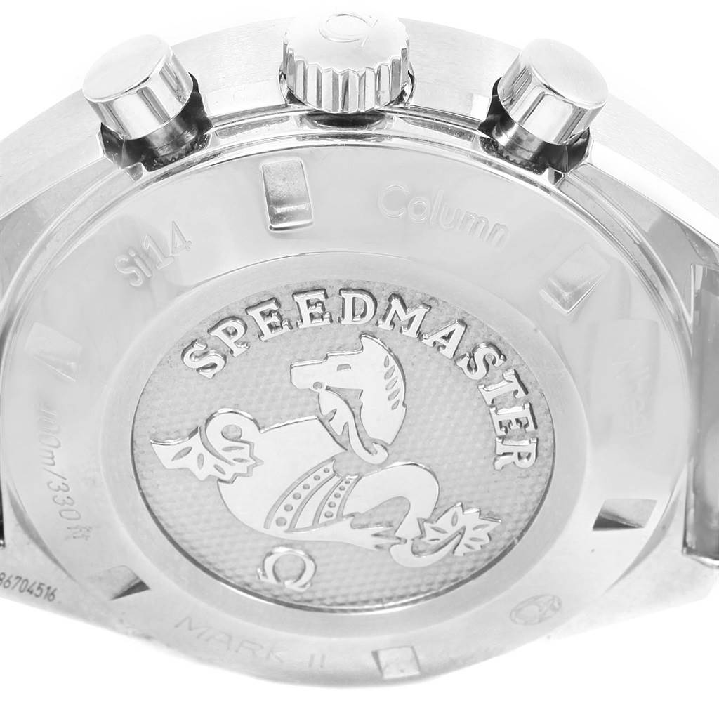 The image shows the case back and crown area of an Omega Speedmaster 327.10.43.50.01.001 Men
s Stainless Steel Black Dial 327.10.43.50.01.001 Men
s Stainless Steel Black Dial watch.