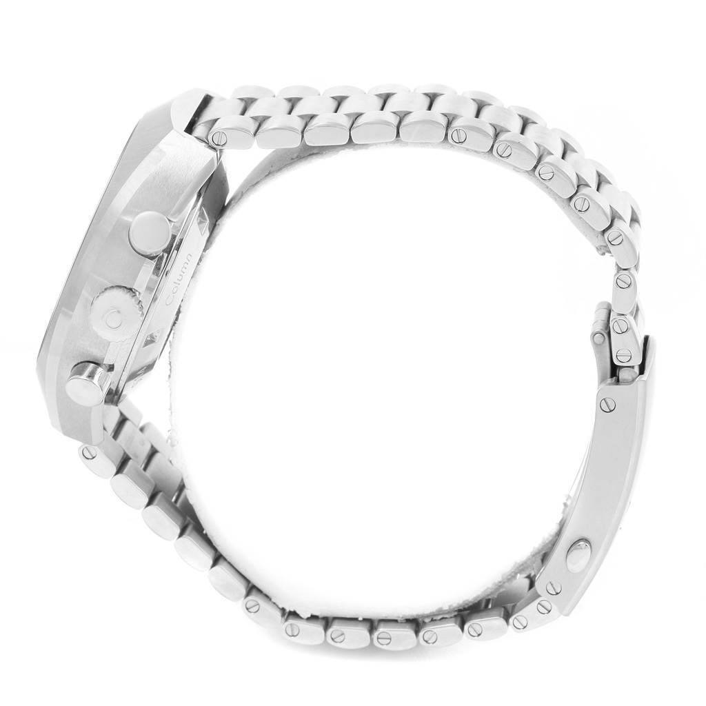 The Omega Speedmaster 327.10.43.50.01.001 Men
s Stainless Steel Black Dial 327.10.43.50.01.001 Men
s Stainless Steel Black Dial watch is shown from a side angle, displaying its metal bracelet and side buttons.