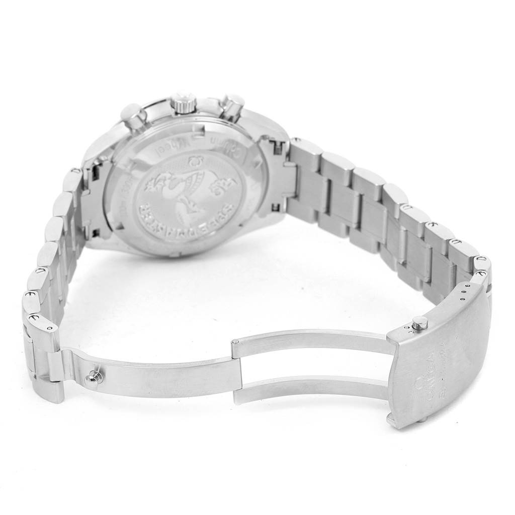 The image shows the back and side view of an Omega Speedmaster 326.30.40.50.03.001 Men
s Stainless Steel Blue Dial 326.30.40.50.03.001 Men
s Stainless Steel Blue Dial watch, highlighting its clasp, bracelet, and case back.