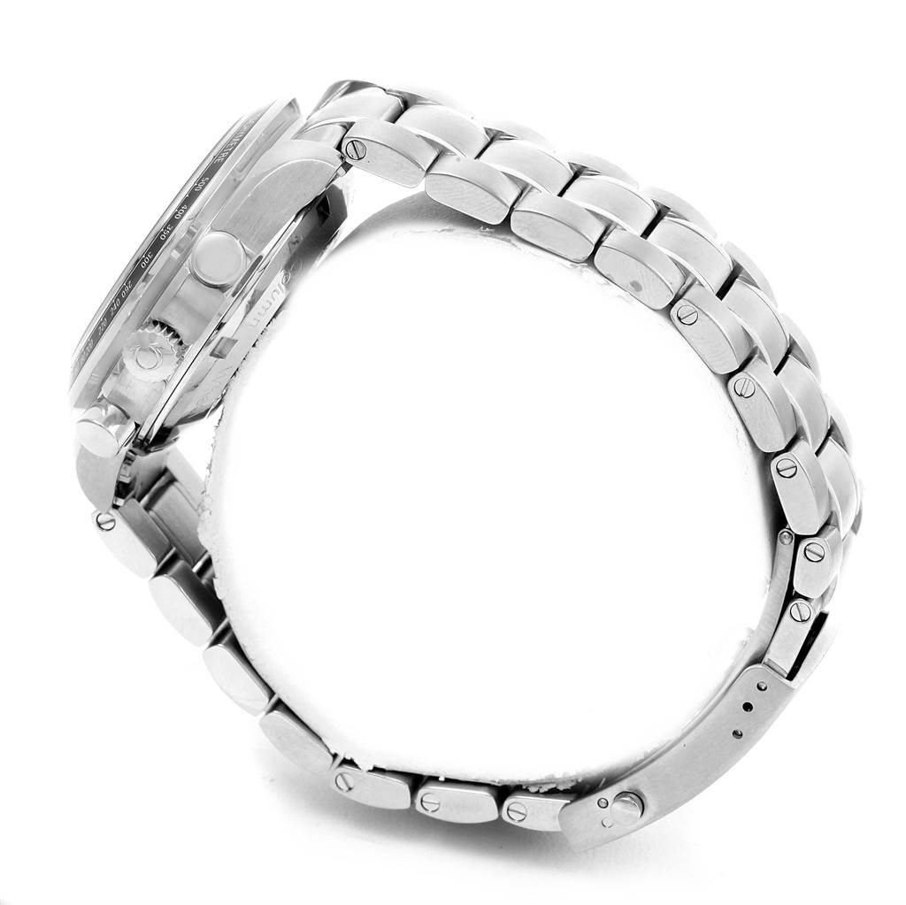 The image shows the side profile of the Omega Speedmaster 326.30.40.50.03.001 Men
s Stainless Steel Blue Dial 326.30.40.50.03.001 Men
s Stainless Steel Blue Dial watch, highlighting its stainless steel case, crown, and metal bracelet.