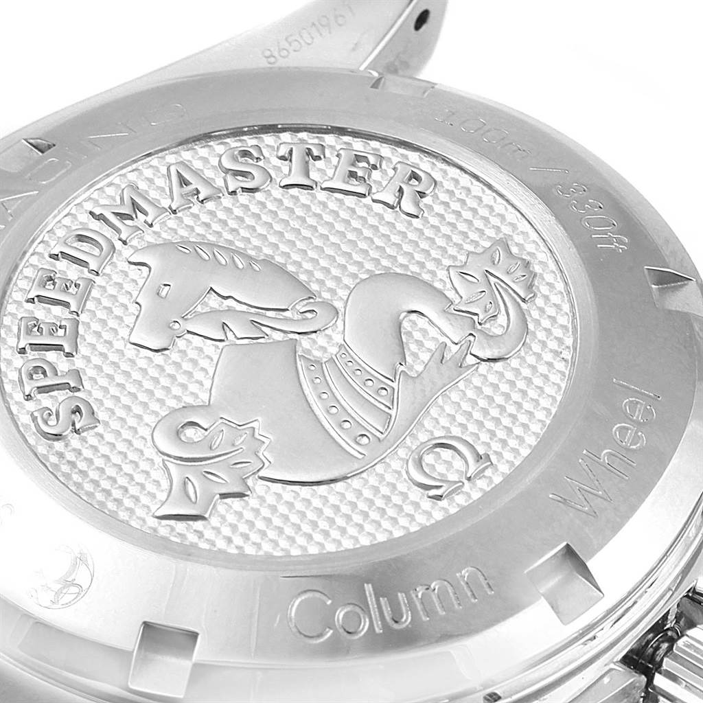 This image shows the engraved case back of the Omega Speedmaster 326.30.40.50.03.001 Men
s Stainless Steel Blue Dial 326.30.40.50.03.001 Men
s Stainless Steel Blue Dial watch.