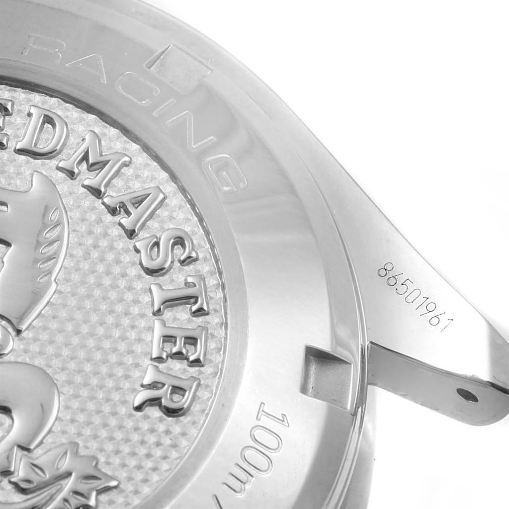 This image shows the back case and part of the lug of the Omega Speedmaster 326.30.40.50.03.001 Men
s Stainless Steel Blue Dial 326.30.40.50.03.001 Men
s Stainless Steel Blue Dial watch, highlighting the "Speedmaster 100m" engraving.