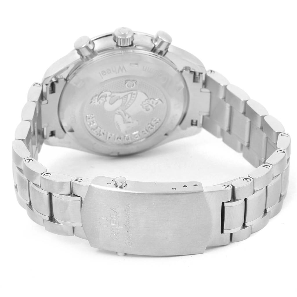 This image shows the back case and metal bracelet of an Omega Speedmaster 326.30.40.50.03.001 Men
s Stainless Steel Blue Dial 326.30.40.50.03.001 Men
s Stainless Steel Blue Dial watch from a rear angle.