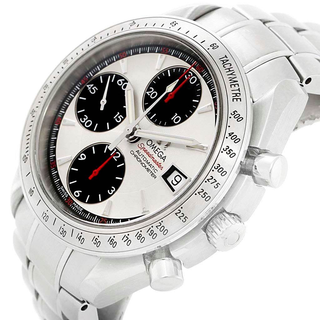 The image shows an angled view of an Omega Speedmaster 3211.31.00 Men
s Stainless Steel Silver Dial 3211.31.00 Men
s Stainless Steel Silver Dial watch, highlighting the dial, bezel, pushers, crown, and bracelet.