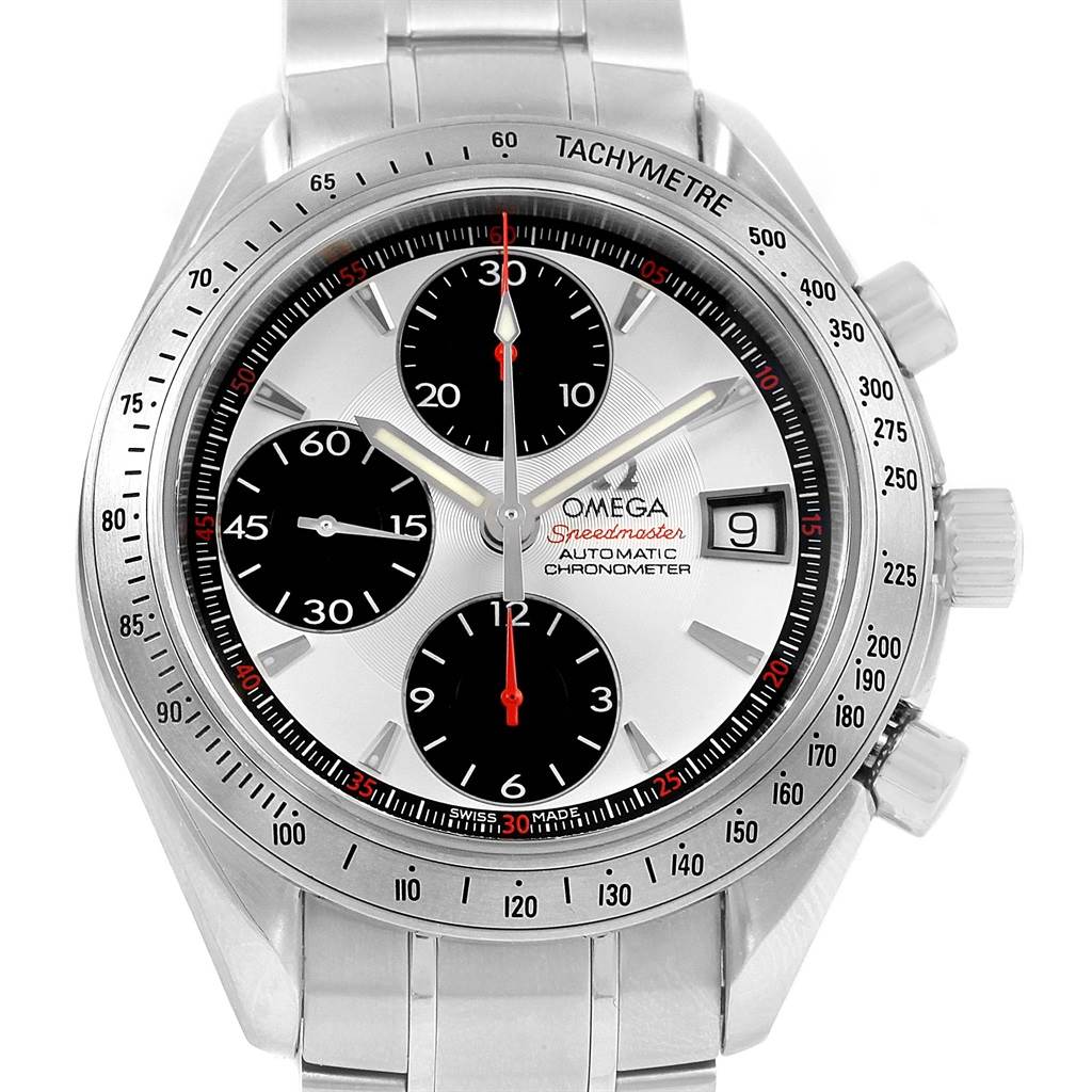 The image shows a frontal view of the Omega Speedmaster 3211.31.00 Men
s Stainless Steel Silver Dial 3211.31.00 Men
s Stainless Steel Silver Dial watch, highlighting its chronograph dials, tachymeter, and date window.