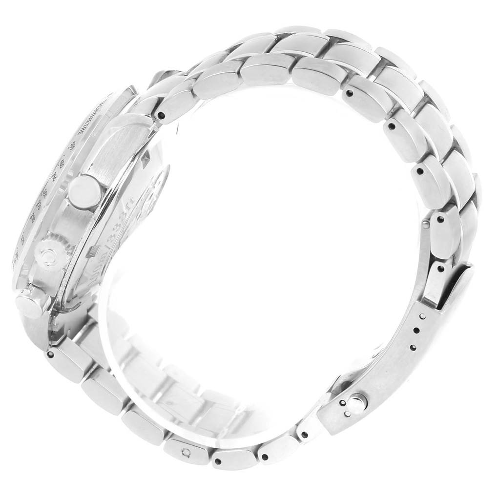 The image shows the side profile of an Omega Speedmaster 3211.31.00 Men
s Stainless Steel Silver Dial 3211.31.00 Men
s Stainless Steel Silver Dial watch, highlighting the band, clasp, and crown.
