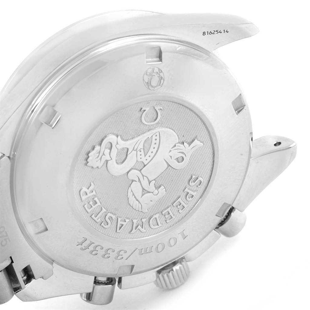 This image shows the back case and crown of an Omega Speedmaster 3211.31.00 Men
s Stainless Steel Silver Dial 3211.31.00 Men
s Stainless Steel Silver Dial watch from a slightly angled view.