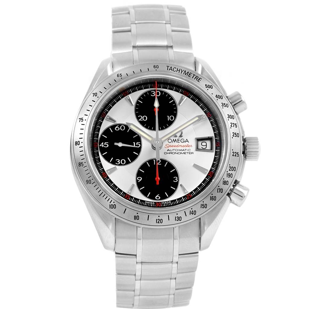 The image shows a front view of the Omega Speedmaster 3211.31.00 Men
s Stainless Steel Silver Dial 3211.31.00 Men
s Stainless Steel Silver Dial watch, detailing its chronograph dials, tachymeter bezel, and date window.