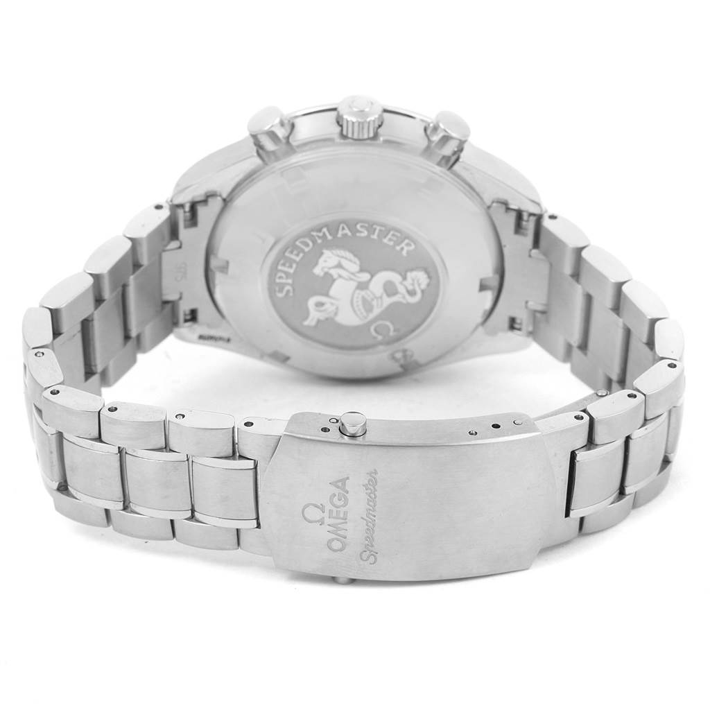 The image shows the back view and clasp of the Omega Speedmaster 3210.51.00 Men
s Stainless Steel Black Dial 3210.51.00 Men
s Stainless Steel Black Dial watch, highlighting its bracelet and engraved case back.