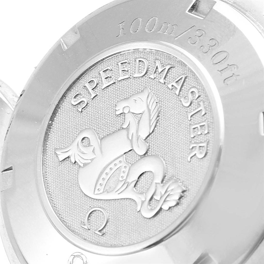 This image shows the engraved case back of an Omega Speedmaster 3210.51.00 Men
s Stainless Steel Black Dial 3210.51.00 Men
s Stainless Steel Black Dial watch.