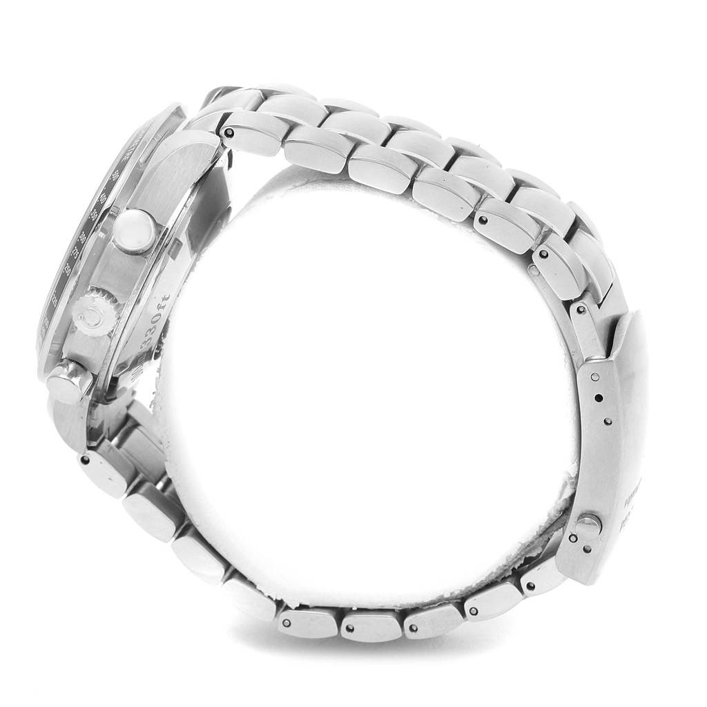 The image shows a side view of the Omega Speedmaster 3210.51.00 Men
s Stainless Steel Black Dial 3210.51.00 Men
s Stainless Steel Black Dial watch, highlighting its stainless steel case, pushers, and bracelet.