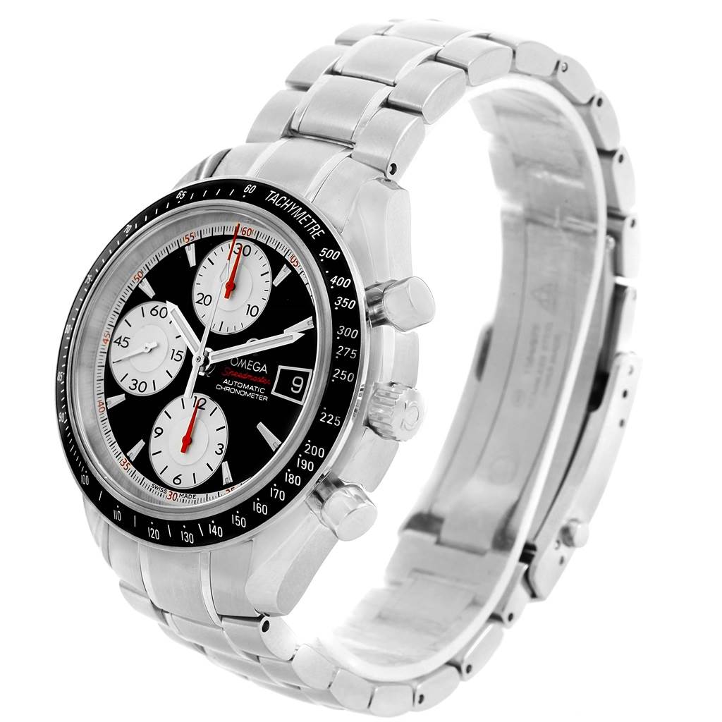 This image shows an Omega Speedmaster 3210.51.00 Men
s Stainless Steel Black Dial 3210.51.00 Men
s Stainless Steel Black Dial watch at a three-quarter angle, highlighting the watch face, bezel, and metal bracelet.