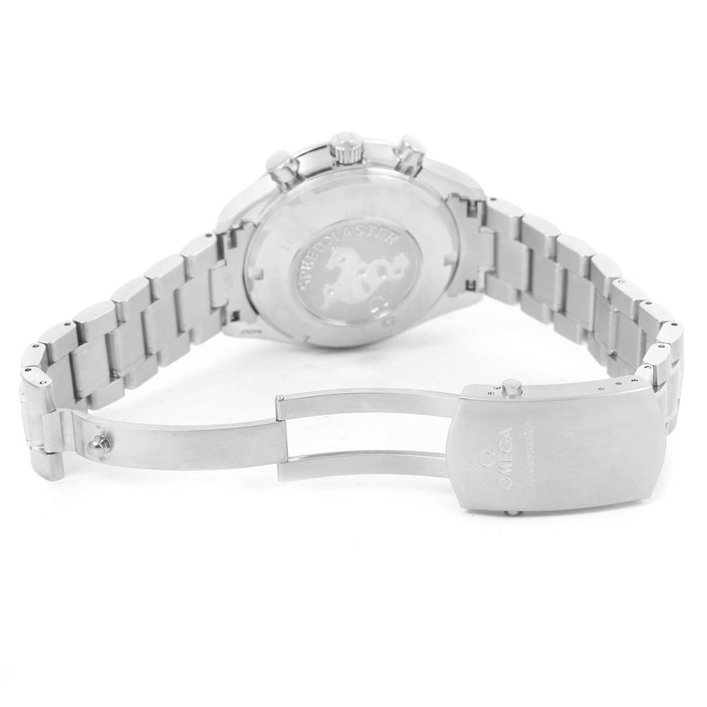 The image shows the back case and open clasp of an Omega Speedmaster 3210.51.00 Men
s Stainless Steel Black Dial 3210.51.00 Men
s Stainless Steel Black Dial watch, viewed from the rear angle.