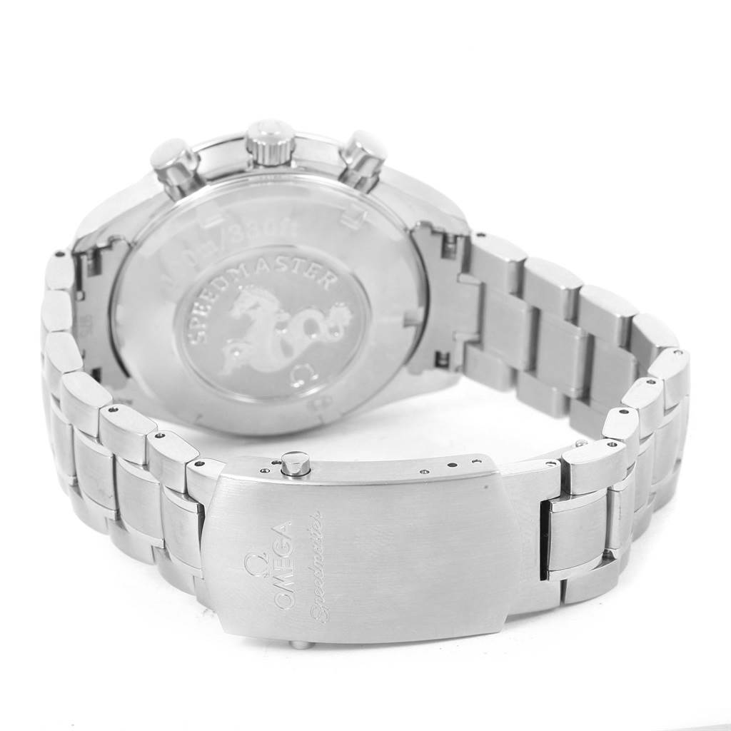 The image shows the back of the Omega Speedmaster 3210.51.00 Men
s Stainless Steel Black Dial 3210.51.00 Men
s Stainless Steel Black Dial watch, featuring the case back and stainless steel bracelet clasp.