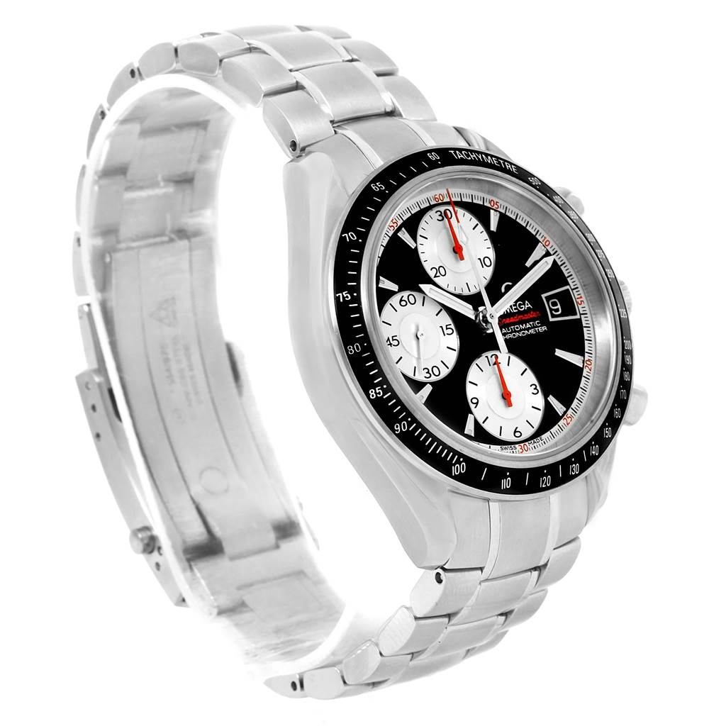 The Omega Speedmaster 3210.51.00 Men
s Stainless Steel Black Dial 3210.51.00 Men
s Stainless Steel Black Dial watch is shown at an angle displaying the face, bezel, and part of the bracelet.