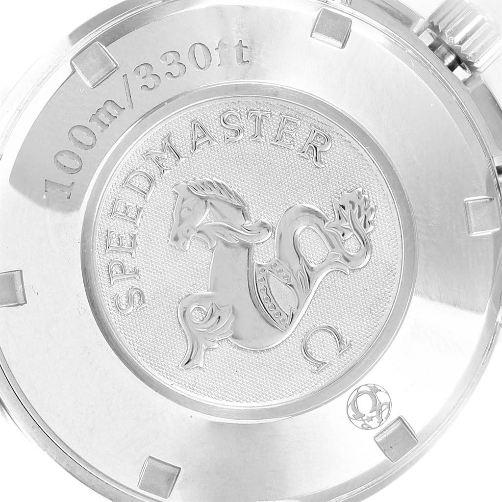 This image shows the case back of the Omega Speedmaster 3220.50.00 Men
s Stainless Steel Black Dial 3220.50.00 Men
s Stainless Steel Black Dial watch, displaying its engraving and water resistance details.