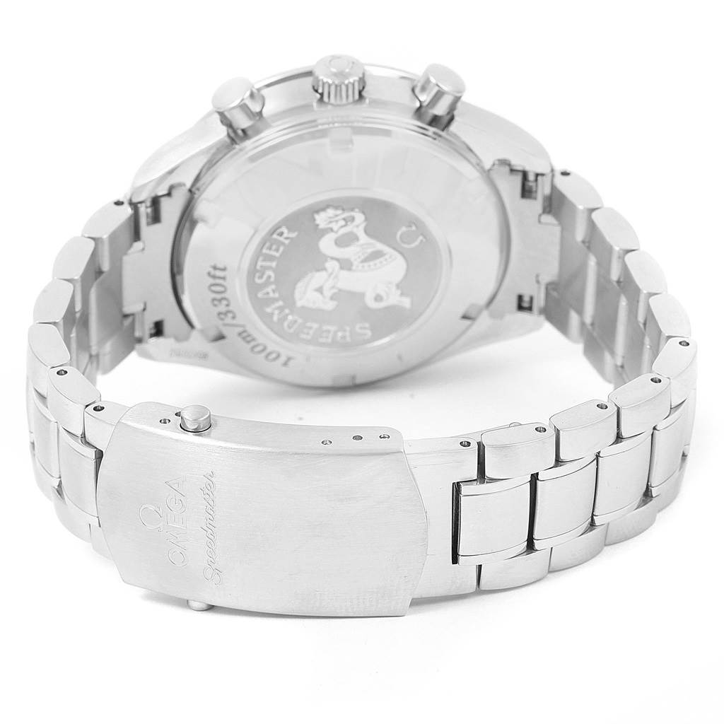 This image shows the back of the Omega Speedmaster 3220.50.00 Men
s Stainless Steel Black Dial 3220.50.00 Men
s Stainless Steel Black Dial watch, focusing on the case back and the bracelet.