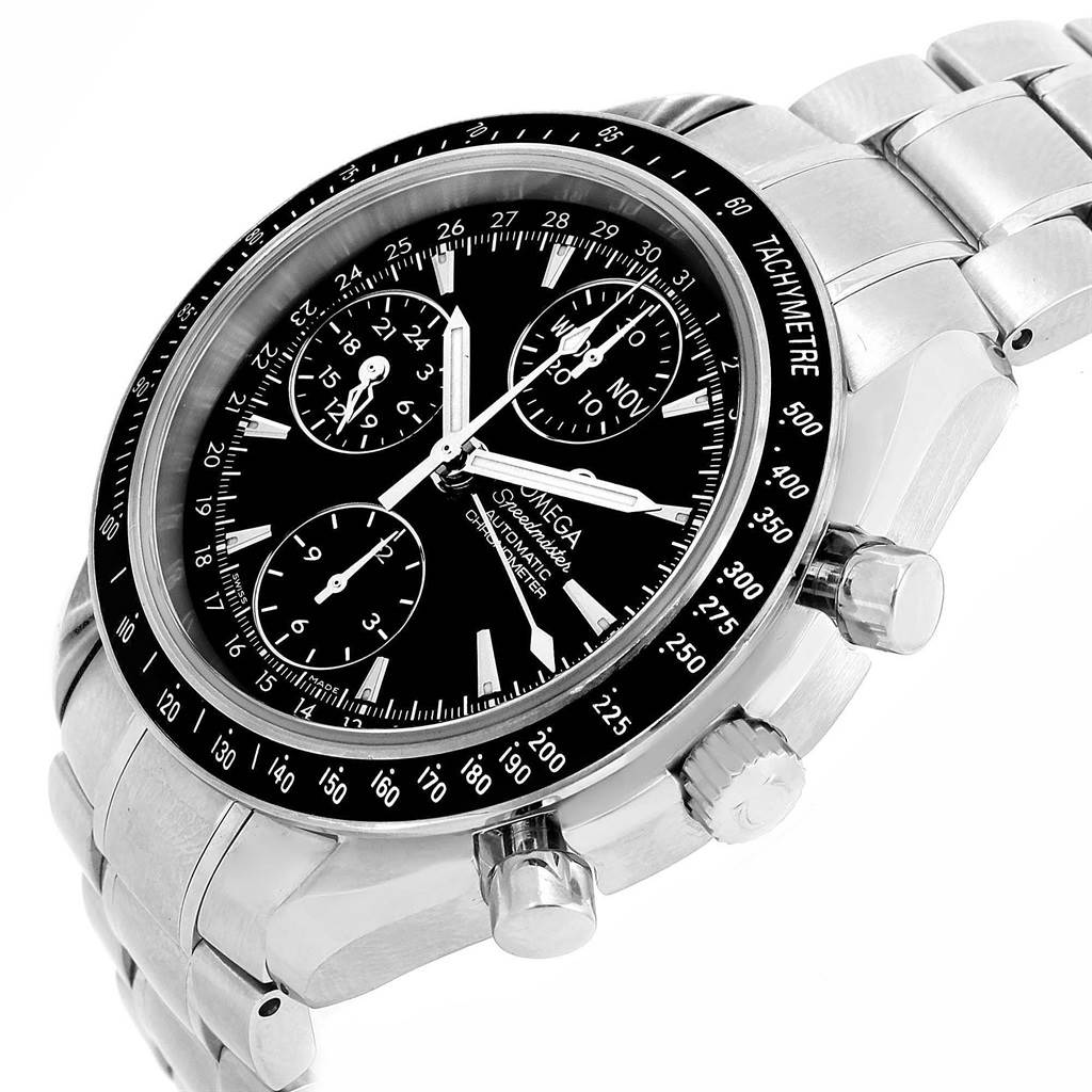 The Omega Speedmaster 3220.50.00 Men
s Stainless Steel Black Dial 3220.50.00 Men
s Stainless Steel Black Dial watch is shown at an angled view, displaying the face, chronograph dials, bezel, crown, and bracelet.