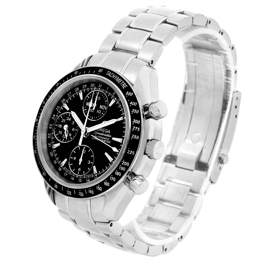 The Omega Speedmaster 3220.50.00 Men
s Stainless Steel Black Dial 3220.50.00 Men
s Stainless Steel Black Dial watch is angled showcasing the dial, case, crown, boutons, and stainless steel bracelet.