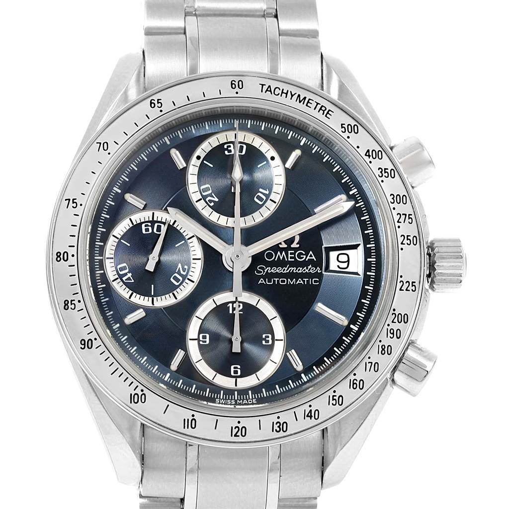 This Omega Speedmaster 3513.46.00 Men
s Stainless Steel Blue Dial 3513.46.00 Men
s Stainless Steel Blue Dial watch is shown from the front, displaying its face, subdials, tachymeter bezel, and part of the stainless steel bracelet.