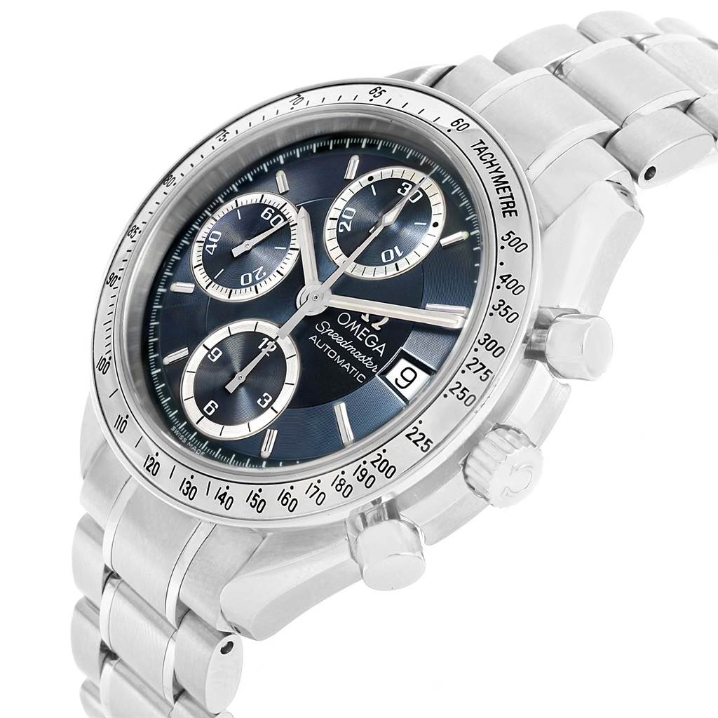 The image shows an angled view of the Omega Speedmaster 3513.46.00 Men
s Stainless Steel Blue Dial 3513.46.00 Men
s Stainless Steel Blue Dial watch, highlighting its face, bezel, and bracelet.