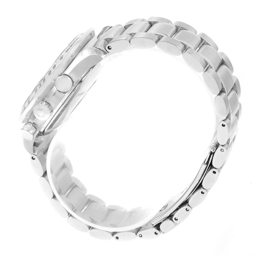 The image shows a side view of an Omega Speedmaster 3513.46.00 Men
s Stainless Steel Blue Dial 3513.46.00 Men
s Stainless Steel Blue Dial, highlighting its metal bracelet, case, and pushers.