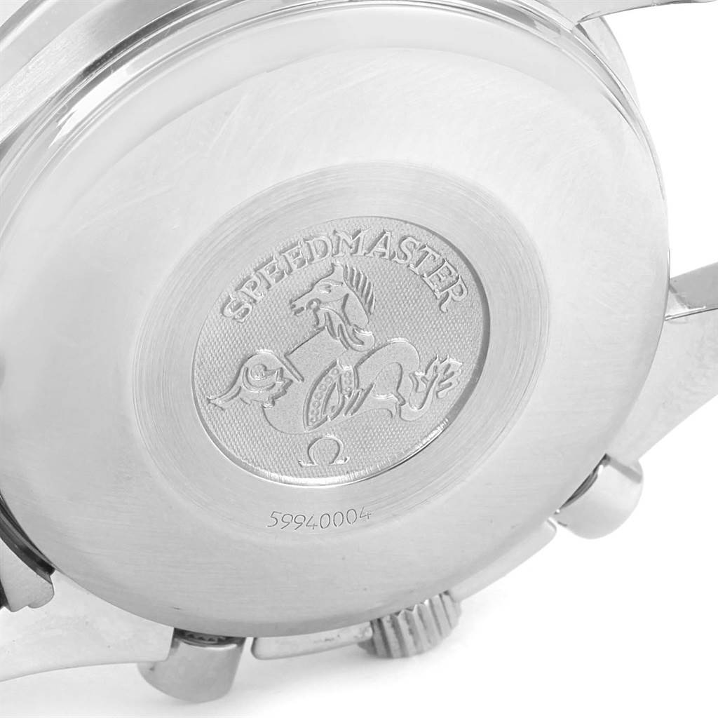 The image shows a close-up of the case back of an Omega Speedmaster 3513.46.00 Men
s Stainless Steel Blue Dial 3513.46.00 Men
s Stainless Steel Blue Dial watch, highlighting engraved details and part of the clasp mechanism.