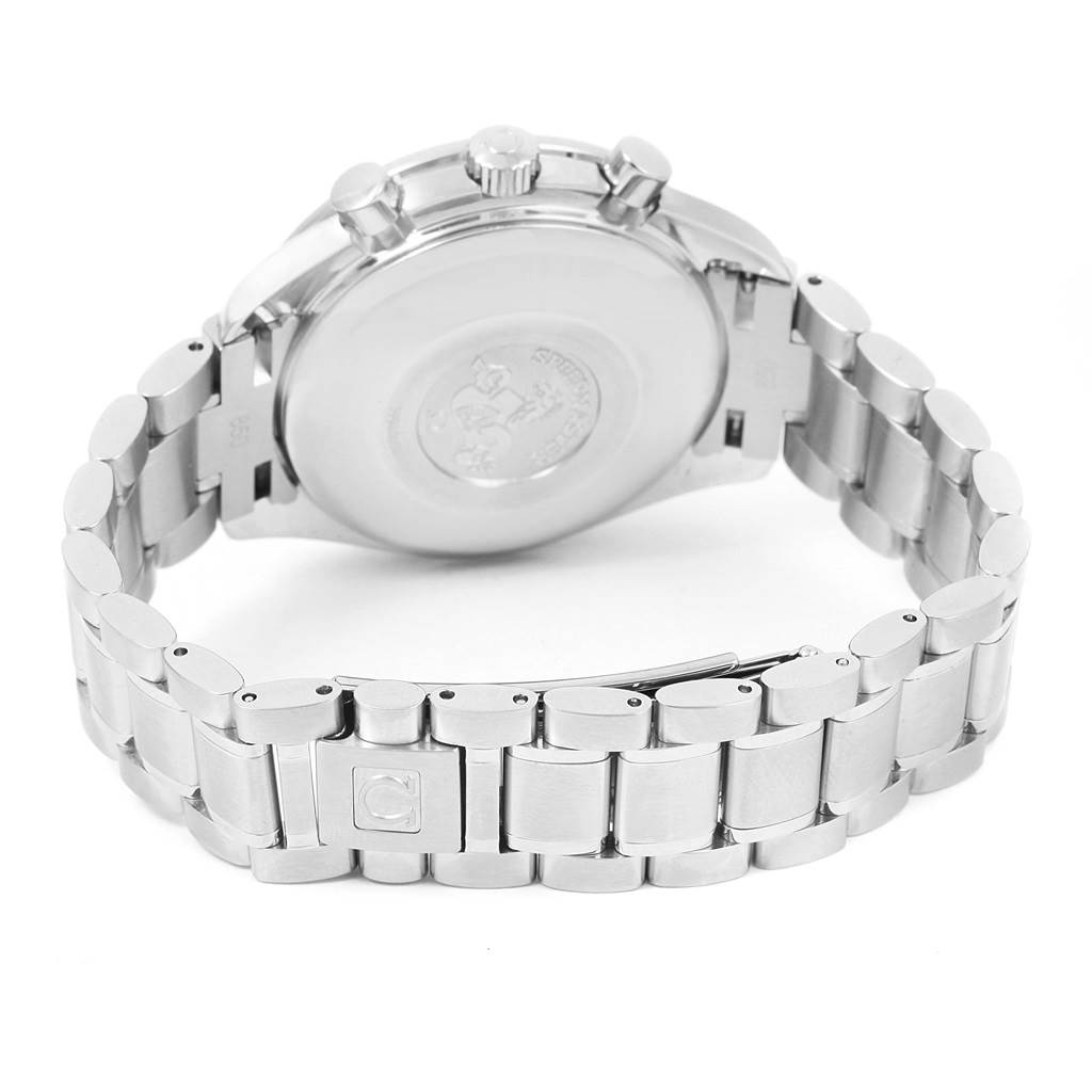 The image shows the rear view of the Omega Speedmaster 3513.46.00 Men
s Stainless Steel Blue Dial 3513.46.00 Men
s Stainless Steel Blue Dial watch, highlighting the stainless steel bracelet and case back.