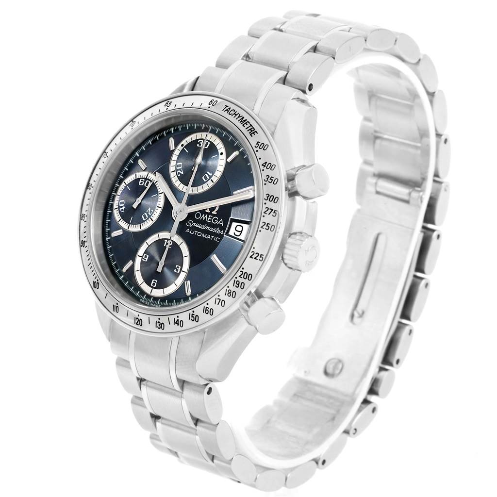 The Omega Speedmaster 3513.46.00 Men
s Stainless Steel Blue Dial 3513.46.00 Men
s Stainless Steel Blue Dial watch is shown at a three-quarter angle highlighting its dial, bezel, pushers, and stainless steel bracelet.