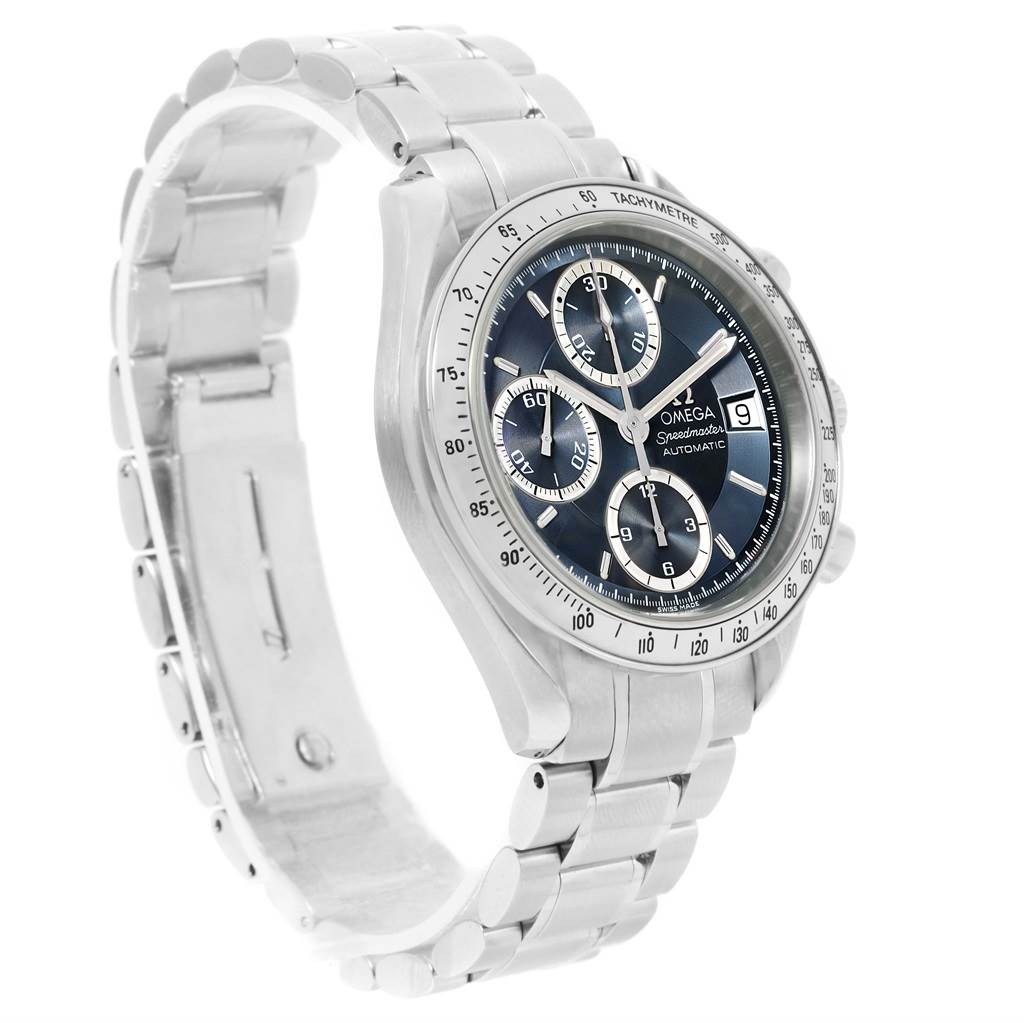 The Omega Speedmaster 3513.46.00 Men
s Stainless Steel Blue Dial 3513.46.00 Men
s Stainless Steel Blue Dial watch is shown at an angle displaying its face, metal strap, and side buttons.