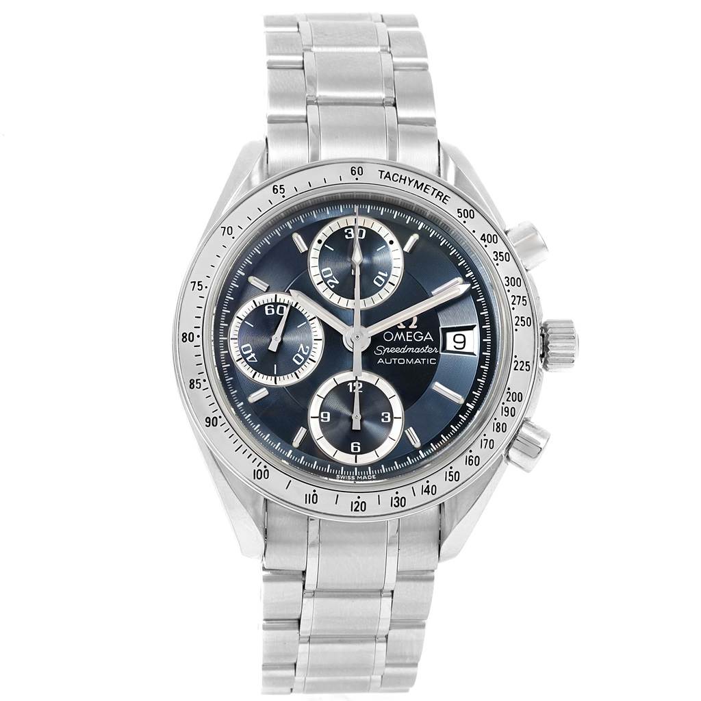 The image shows a front view of the Omega Speedmaster 3513.46.00 Men
s Stainless Steel Blue Dial 3513.46.00 Men
s Stainless Steel Blue Dial watch, displaying the face, bezel, pushers, crown, and metal bracelet.