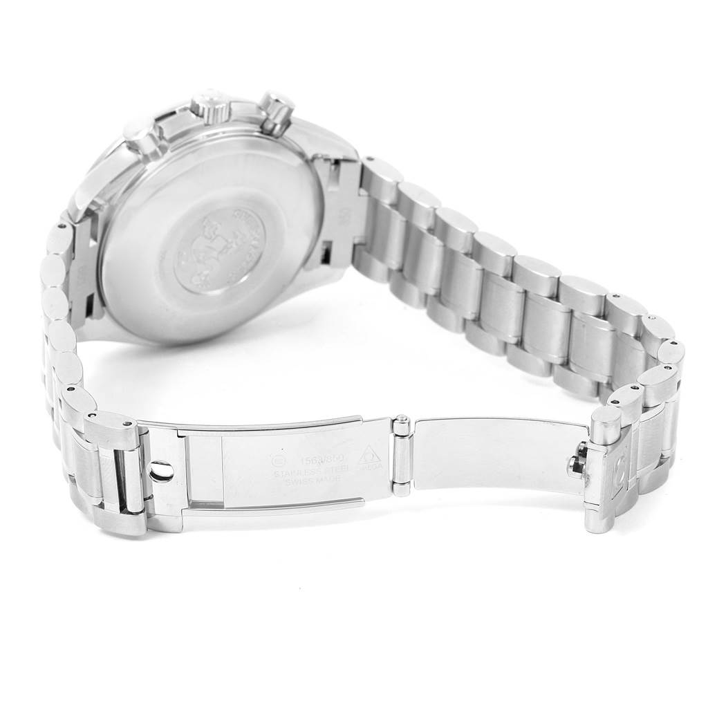 The image shows the back and partially open clasp of the Omega Speedmaster 3513.46.00 Men
s Stainless Steel Blue Dial 3513.46.00 Men
s Stainless Steel Blue Dial watch, highlighting the bracelet and case back.