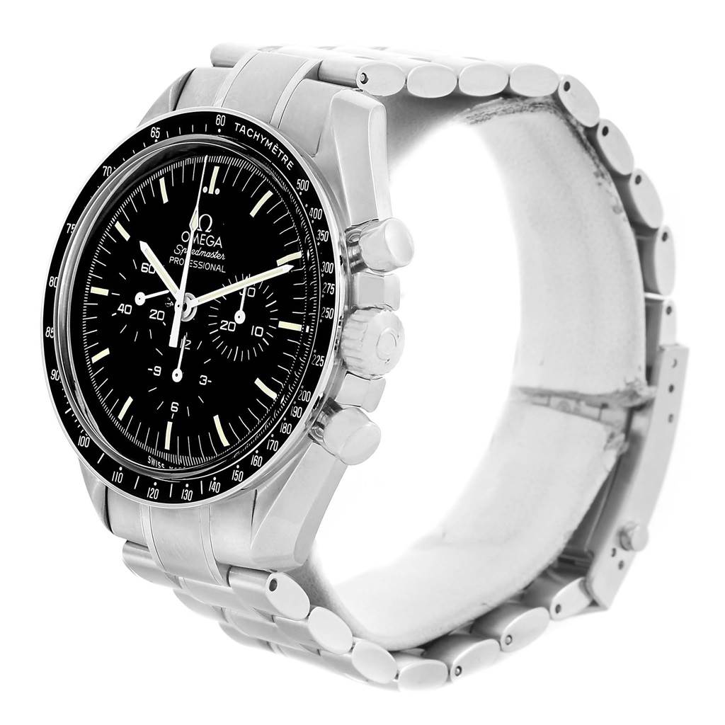 The Omega Speedmaster 3570.50.00 Men
s Stainless Steel Black Dial 3570.50.00 Men
s Stainless Steel Black Dial watch is shown at a three-quarter angle, displaying the face, bezel, crown, and bracelet.