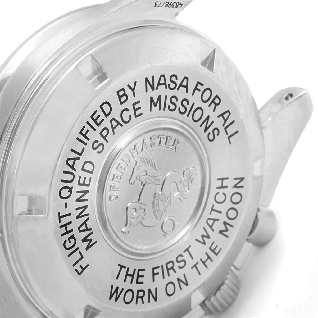 The image shows the engraved case back of an Omega Speedmaster 3570.50.00 Men
s Stainless Steel Black Dial 3570.50.00 Men
s Stainless Steel Black Dial watch at an angle, highlighting text and emblem.