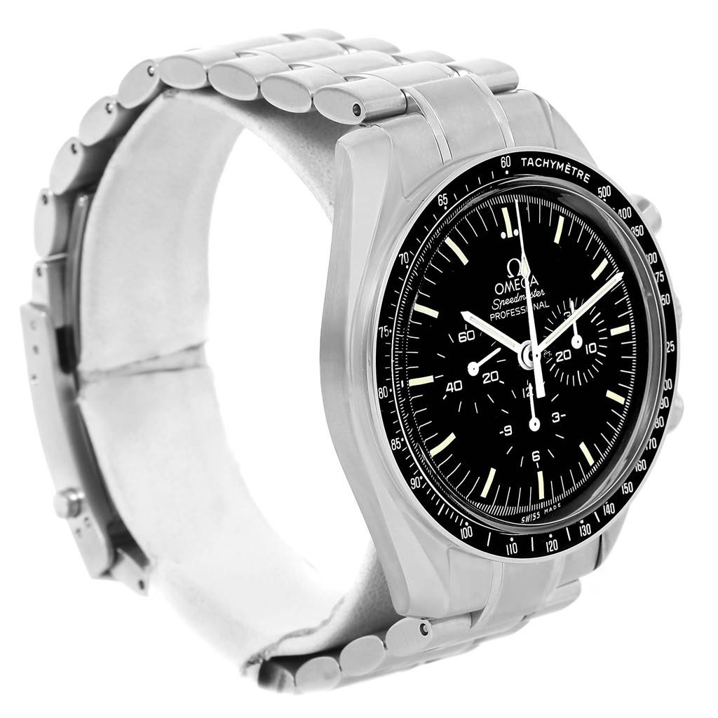 The Omega Speedmaster 3570.50.00 Men
s Stainless Steel Black Dial 3570.50.00 Men
s Stainless Steel Black Dial watch is shown at an angle highlighting the face, bezel, and stainless steel bracelet.