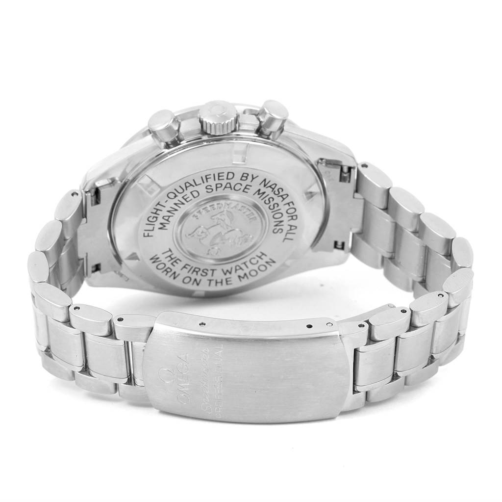 The image shows the back case and stainless steel bracelet of an Omega Speedmaster 3570.50.00 Men
s Stainless Steel Black Dial 3570.50.00 Men
s Stainless Steel Black Dial watch from an angled rear view.