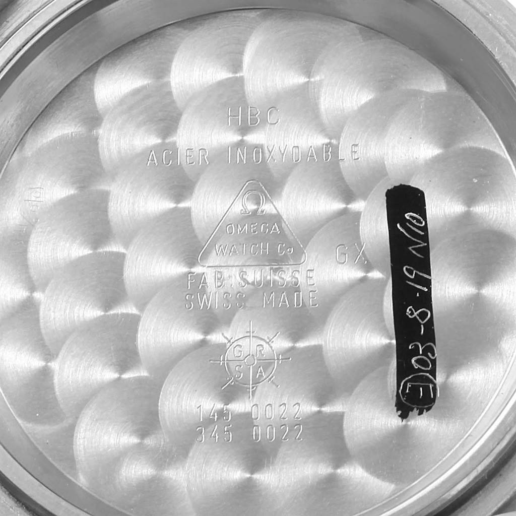 This image shows the inner case back of an Omega Speedmaster 3570.50.00 Men
s Stainless Steel Black Dial 3570.50.00 Men
s Stainless Steel Black Dial watch, displaying watch-specific engravings.