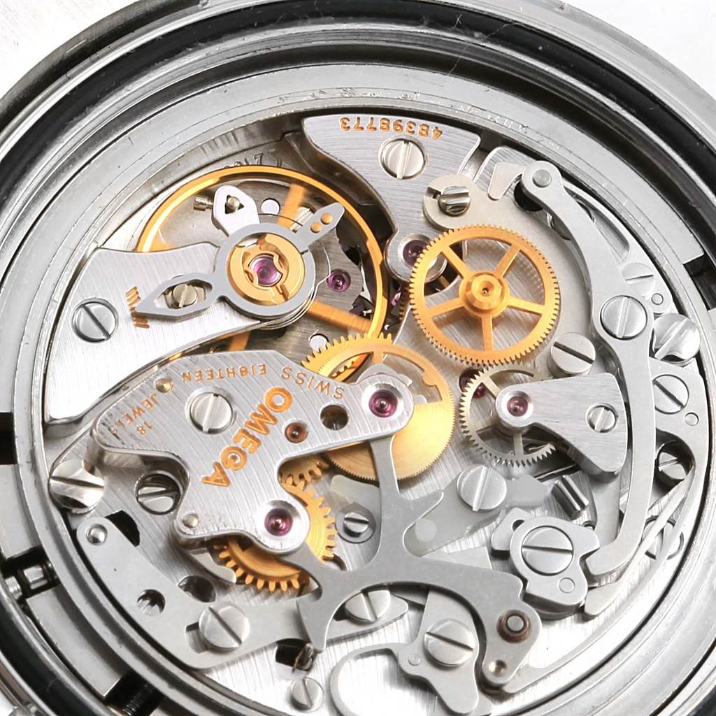 This image shows a close-up of the movement mechanism inside an Omega Speedmaster 3570.50.00 Men
s Stainless Steel Black Dial 3570.50.00 Men
s Stainless Steel Black Dial watch.