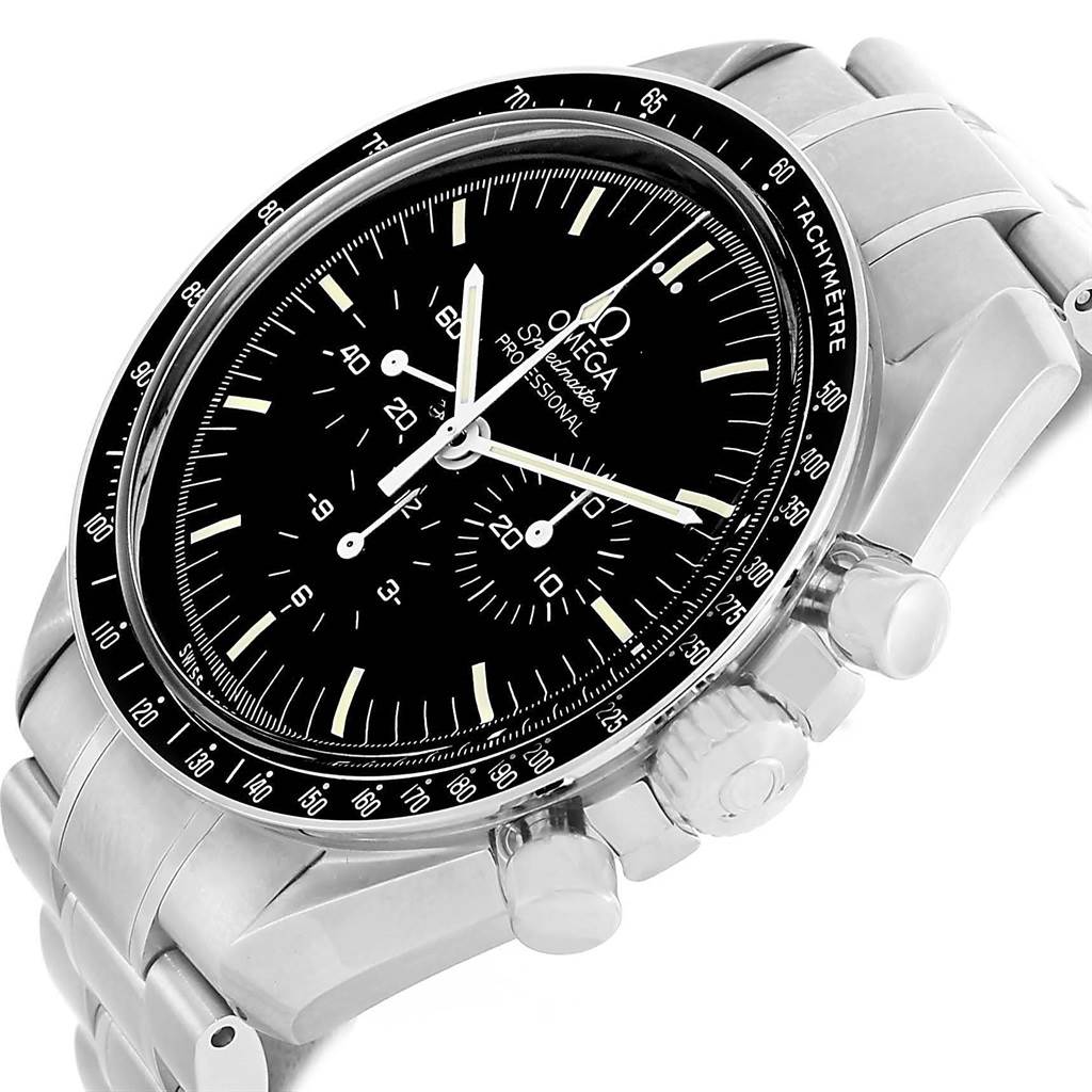 The image shows an angled close-up of the Omega Speedmaster 3570.50.00 Men
s Stainless Steel Black Dial 3570.50.00 Men
s Stainless Steel Black Dial, displaying the face, bezel, crown, and pushers.