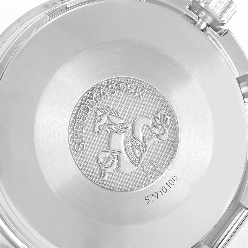 The image shows the engraved case back of an Omega Speedmaster 3502.73.00 Men's Stainless Steel Mother of Pearl Dial 3502.73.00 Men's Stainless Steel Mother of Pearl Dial watch, featuring the model name and logo.