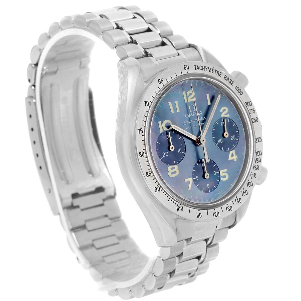 The image shows an angled view of the Omega Speedmaster 3502.73.00 Men's Stainless Steel Mother of Pearl Dial 3502.73.00 Men's Stainless Steel Mother of Pearl Dial watch, highlighting the face, bezel, and bracelet.