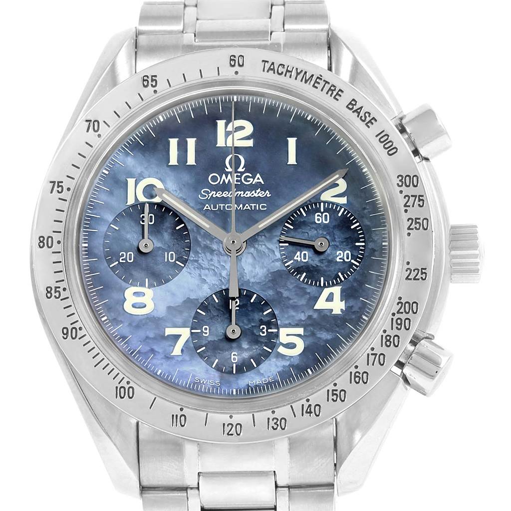 The image shows an Omega Speedmaster 3502.73.00 Men's Stainless Steel Mother of Pearl Dial 3502.73.00 Men's Stainless Steel Mother of Pearl Dial watch, featuring its face, bezel, and crown from a front angle.